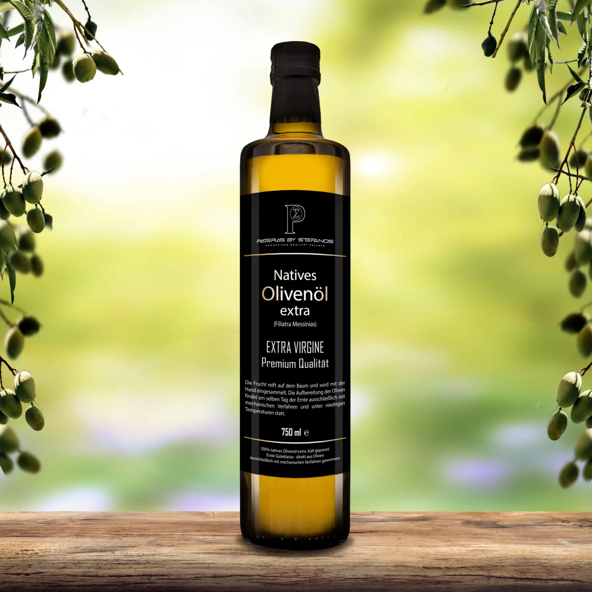 Natives Olivenöl Extra – Originalflasche mit grünen Koroneiki-Oliven und Olivenzweig